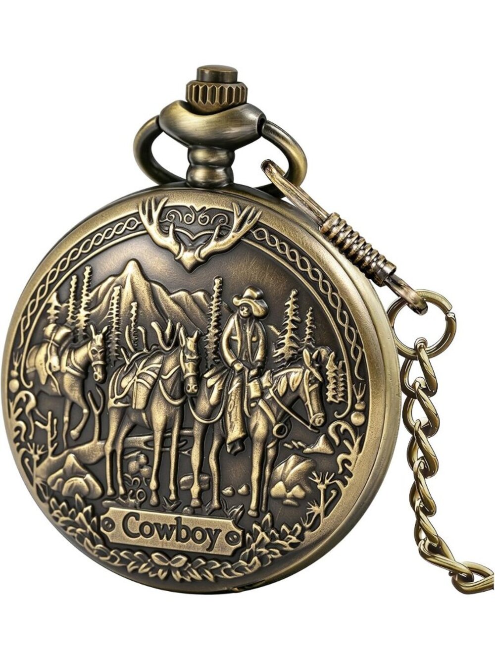 Men's Brown Analog Quartz Arabic Numerals Engraved Cowboy Vintage Pocket Watch